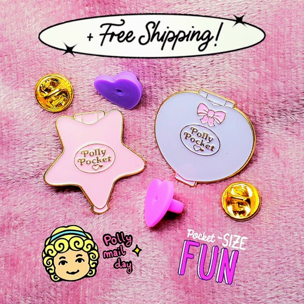 Polly Pocket Pink Star & Purple Heart Play Case Shape Collectible Enamel Pins